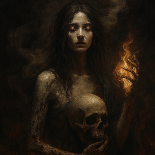 A dark, eerie painting of a woman with long dark hair and closed eyes, holding a skull with both hands at her waist. Her right hand, near her chest, glows with an orange flame, illuminating her pale, textured skin. Smoke emanates from behind her, creating a gloomy atmosphere