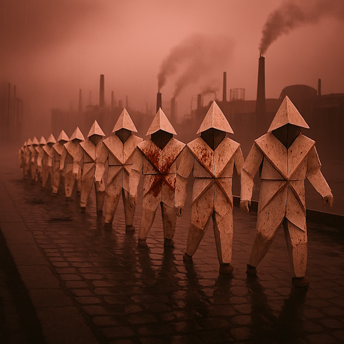 A line of ominous, stylized figures in angular, off-white, paper-like uniforms with pyramid-shaped heads stands on a wet, brick-like surface. The figures have reddish-brown stains of blood. In the smoky, reddish-brown background, industrial smokestacks are billowing smoke into the air.