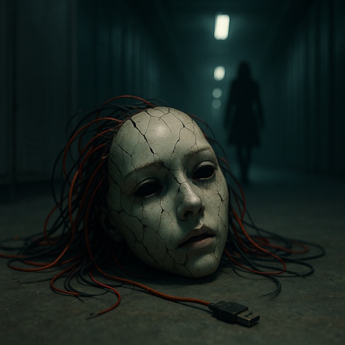 A cracked, pale, disembodied humanoid head with black, hollow eyes lies on a dark, concrete floor, surrounded by tangled red and black wires. One wire ends in a USB plug. In the blurry background, a silhouetted figure walks down a dark, institutional-looking hallway.