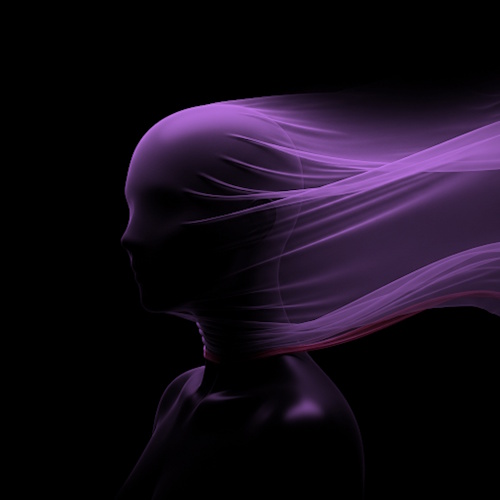 A stylized, dark image featuring a silhouette of a person's head and bare shoulders against a black background. A translucent, flowing purple fabric wraps around the head and neck, extending horizontally to the right like hair caught in a strong breeze. A faint red line or mark is visible at the base of the neck where the fabric tightens.