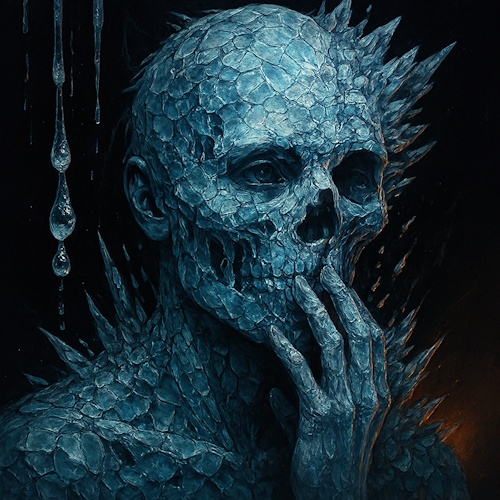 A chilling, macabre depiction of a skeletal figure whose skin is made of cracked, crystalline ice in shades of blue. Spikes of ice protrude from its head and shoulders. Its left hand is raised to its chin in a thoughtful or pained gesture. In the dark background, icicles hang on the left and a faint orange glow appears on the right.