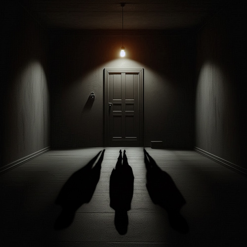 A dark, spooky room with three distinct dark shadows on the floor leading towards a closed door under a single hanging lightbulb. The room has textured walls and a wooden floor.