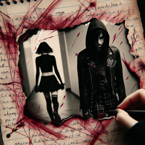 A hand is drawing on a notebook page that has a burnt-out hole revealing two figures in the background. The figures are a person in a black hoodie and leather jacket with dark makeup, and a person in a black crop top and skirt walking away. Red, scribbled lines emanate from the burnt edges of the hole across the notebook page, which is covered in handwritten text. Cover art for 'Poison I Drink'.