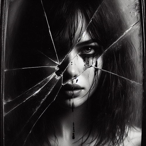 A stark, black and white close-up of a woman's face seen through severely shattered glass, with a prominent crack running through her left eye. Dark streaks, resembling tears or blood, run down her face from her eyes and lips. Her dark hair frames her face against a dark background, intensifying the dramatic and unsettling mood.