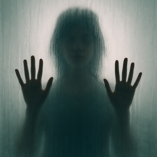 A blurry, ethereal image of a person's silhouette seen through a frosted or wet glass, with both hands pressed against the surface. The background is a hazy white, and the overall impression is one of mystery or longing.