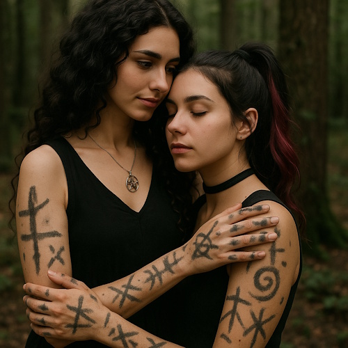 Two women with dark hair are embracing in a forest setting. Both have various dark symbols drawn on their arms. The woman on the left, with long curly hair and a pendant, looks toward the right with a soft expression. The woman on the right has her eyes closed, a choker necklace, and a ponytail with hints of reddish-purple