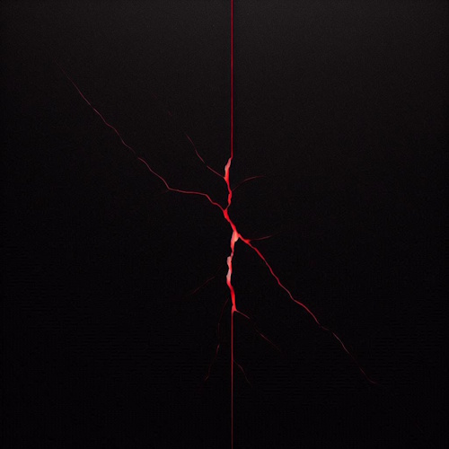 A stark, dark image with a single, glowing red vertical line running down the center. From this line, several jagged, brighter red cracks spread outwards like lightning bolts across the black background.