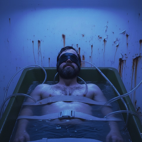 A bearded man is lying in a green tub filled with water, blindfolded with a black cloth, and strapped down by a wide belt across his stomach. Clear tubes are attached to various points on his torso. The background is a stark, grimy wall with peeling paint and what appear to be bloodstains or rust streaks, all under a blue light