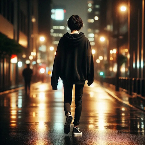 A person wearing a black hoodie and dark, tight jeans walks away from the camera down a wet city street at night, illuminated by orange streetlights reflecting vividly on the wet pavement
