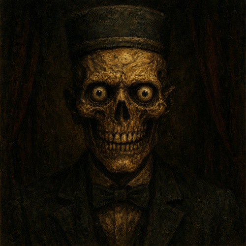 A creepy, darkly lit portrait of a yellowish skeleton wearing a bellhop hat, a suit jacket, and a bow tie. Its eyes are wide and staring, and it has a broad, unsettling grin